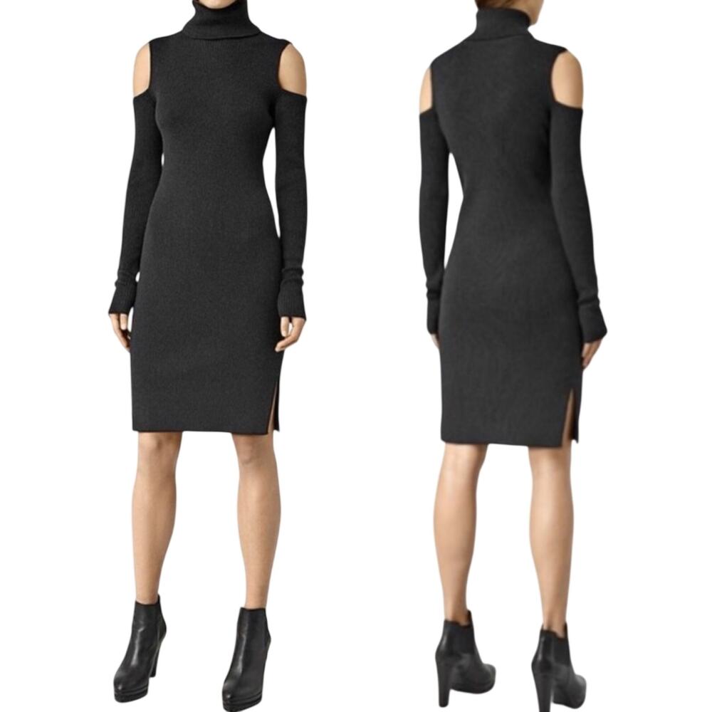 All Saints Cold Shoulder Bodycon Mini Dress Long Sleeve Turtleneck Ribbed Knit 4